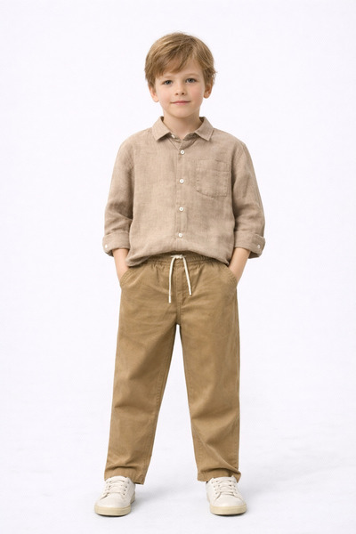 Motebarn Wear قميص للأولاد كتان وبنطلون بيج منسوج طقم مكون من قطعتين بقصة مري...