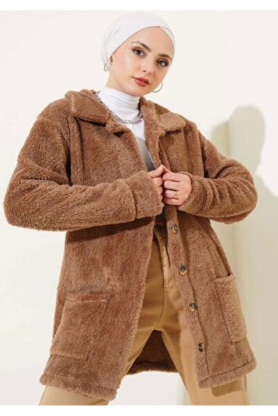 modasindoma Women's Pocketed Plush Cardigan Brown