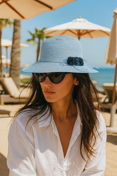 BONY SOCKS Ženski slamnati šešir sa pompon dodacima, plavi