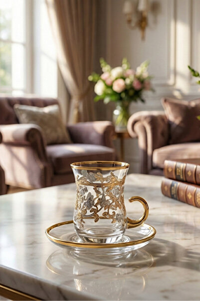 SQUALO Decorative glass tea set with serving saucers – 6 pieces