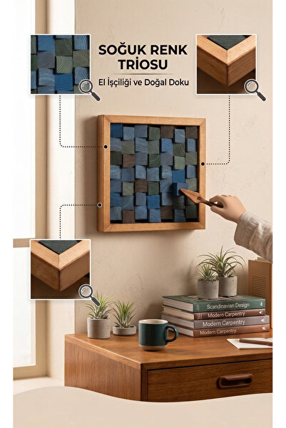 woodretro El Yapımı Renkli Ahşap Blok Tablo - Modern Geometrik Duvar Dekoru 2...