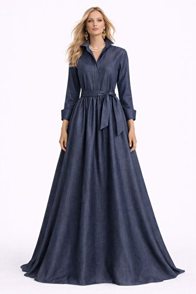 UNTIMELY Indigo Fake D Denim Maxi Shirt Dress with Long Sleeves & Removable Belt