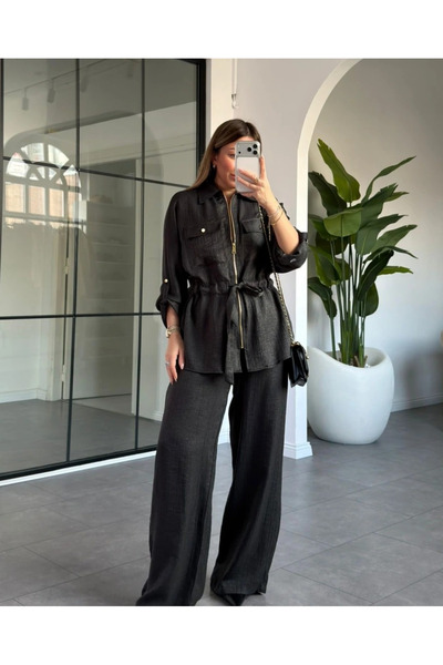 My Blog Black Bel Tie-Detail Shiny Jacket Pants Set - 51279