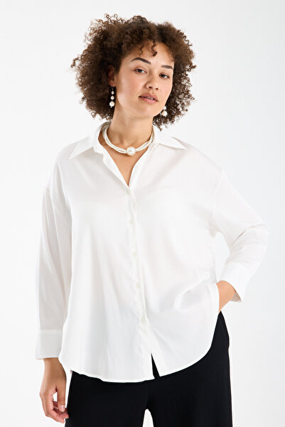 Moda Days قميص نسائي من الساتان مقاس كبير بأكمام طويلة وأزرار، بلوزة أنيقة غي...