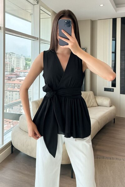 ÇEÇİM Women's Belted Detailed V-Neck Blouse Zyn-58902