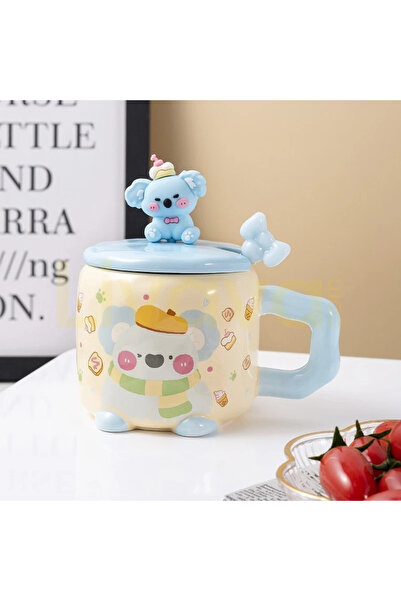 Livava Animal Design Ceramic Mug with Figured Lid and Bowknot Spoon - Blue