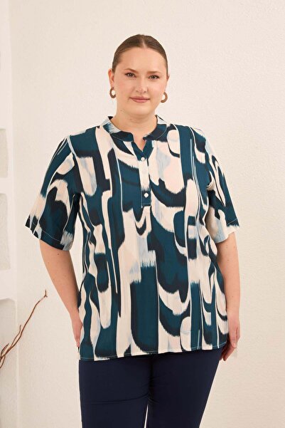 RMG Hakim Yaka Large Size Patterned Blouse Petrol