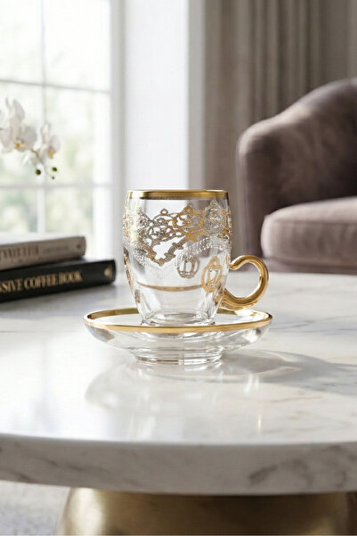 SQUALO Elegant patterned transparent tea glasses with saucers – a luxurious s...