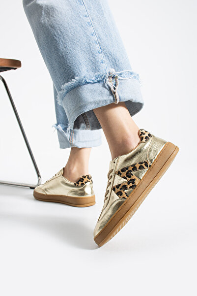 doamia Sneaker Kadın Parlak Gold Ve Leopar Desenli Günlük Spor Ayakkabı