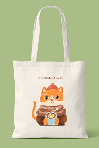 Hayali Şeyler Cute Autumn Cat Printed Cloth Bag