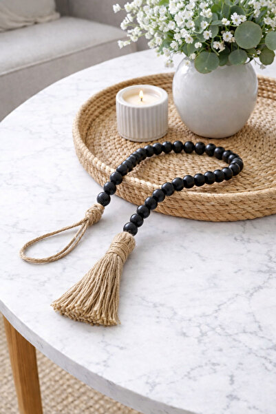 ecrella 70 cm Siyah Ahşap Boncuk Dekor – Jüt Püsküllü Orta Sehpa Süsü – Boho ...