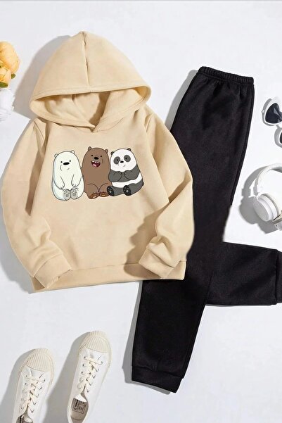 PEMBE KURDALE Kafadar Ayilar Printed Thick Cotton Piece Hooded Winter Childre...