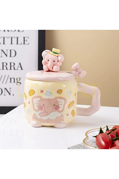 Livava Animal Design Ceramic Mug with Figured Lid and Bowknot Spoon - Pink