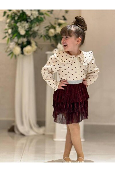 cgboutiquestylekids Cg Kids Kalp Patterned Muslin Shirt and Skirt Set Super Q...