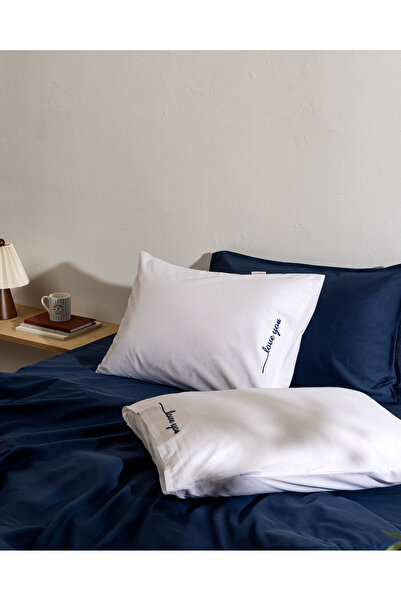 Madame Coco Coeur 100% Cotton 2-Piece Pillowcase - White/Navy Blue