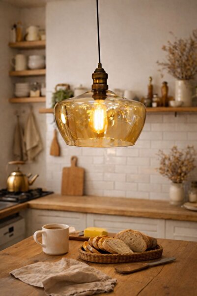 MARS CONCEPT Amber Cam Dekoratif Sarkıt Avize – Eskitme Metal Duy Detaylı Mod...