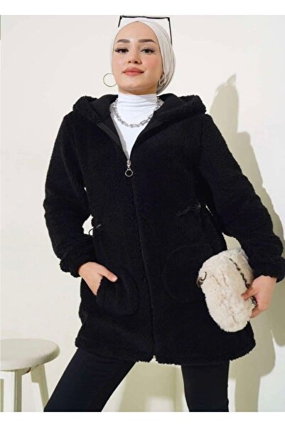 modasindoma Women's Elastic Waist Plush Cardigan Black