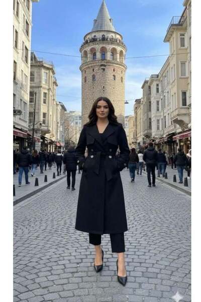 modasindoma Γυναικεία καμπαρντίνα Γιακάς σάλι σε μαύρο χρώμα