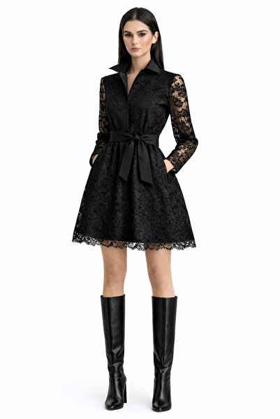 UNTIMELY Belt Detailed Drawstring Lace Mini Shirt Dress