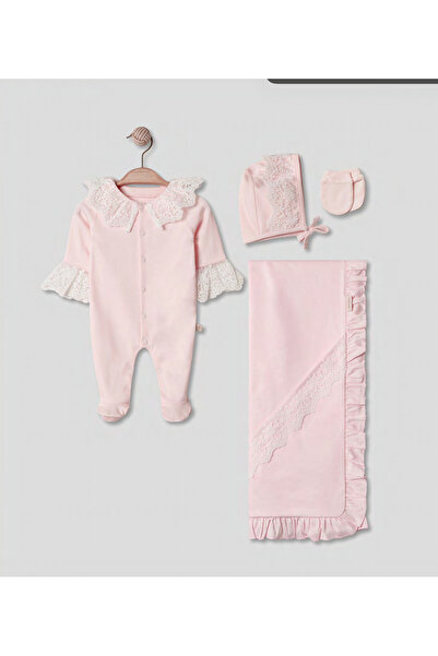 Pugi Baby Lace Detailed Newborn Hospital Release 4-Piece Baby Set (Overalls, ...