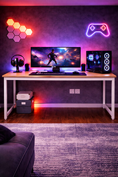 Flinder Çam/Beyaz Oyuncu Masası 160x60, Bilgisayar Masası, Gamer Masası, Gaming Masa, Metal Ayaklı