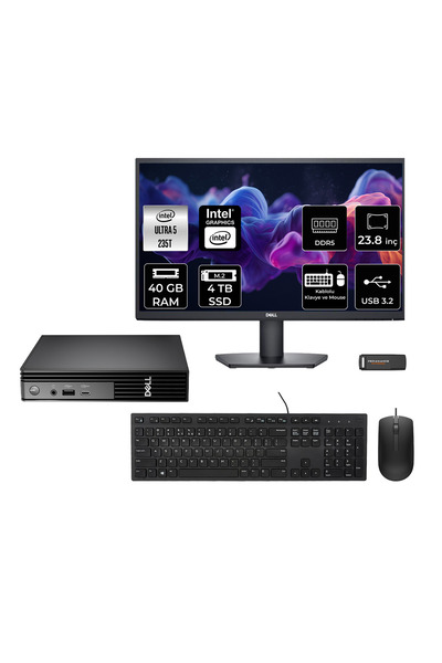 Dell Pro Micro QCM1250 Ultra 7 235T 40GB 4TB SSD 23.8" Monitör FDOS Mini Masaüstü Bilgisayar