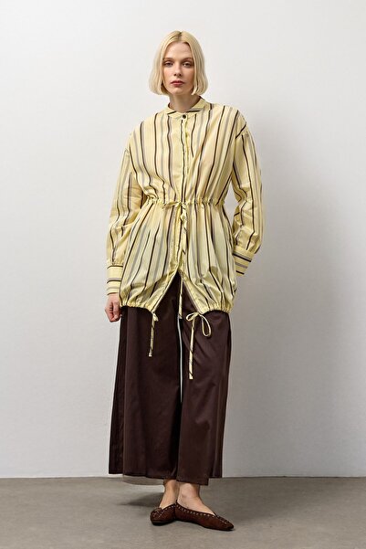 Molene Kahverengi Belden Bağlamalı Çizgili Hakim Yaka Tunik