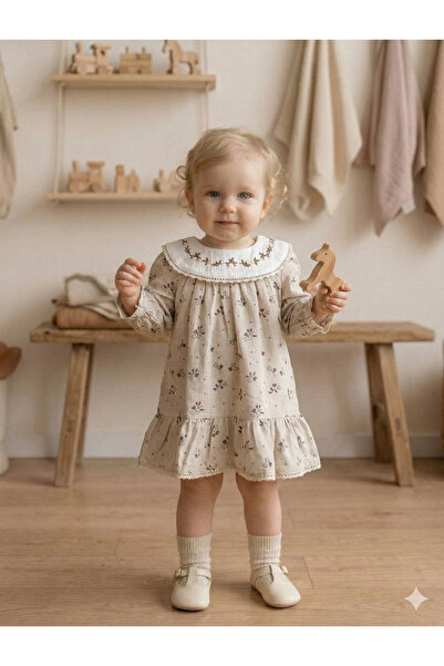 VaVbaby Vintage Nakışlı Kız Bebek Keten Elbise