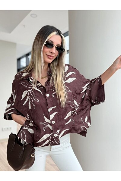 ALVOR Women's Brown Leaf Patterned Oversize Shirt