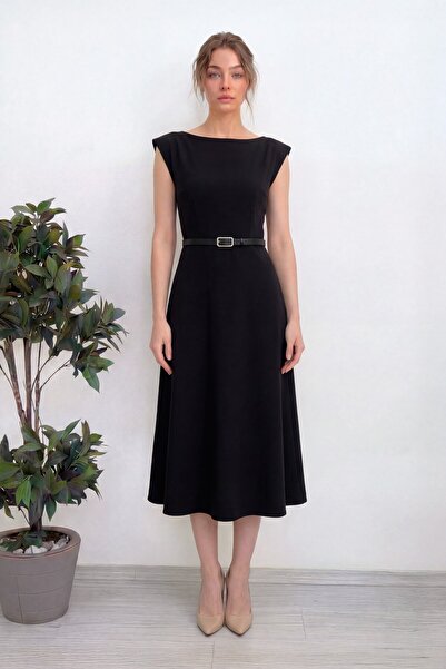 zks grup tekstil Жіноча сукня середньої довжини з поясом, чорна, бордова