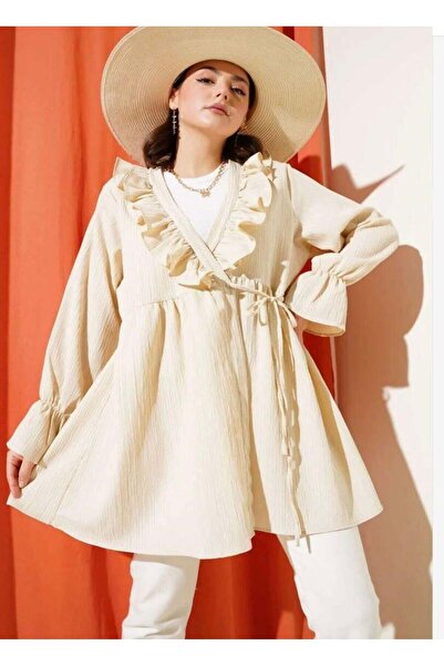 modasindoma Kimono cu volane pentru femei, bej