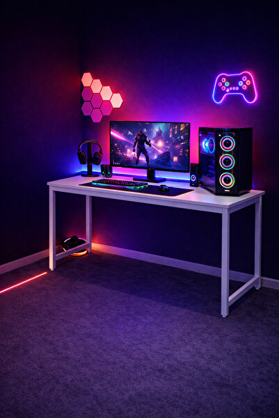 Flinder Beyaz Renk Oyuncu Masası 60x120 Cm, Bilgisayar Masası, Gamer Masası, ...