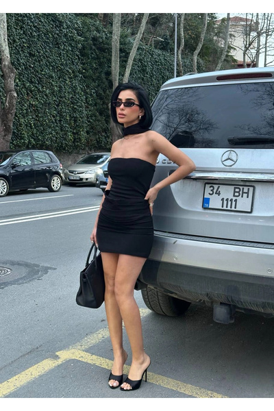 Bak Moda Μαύρο φόρεμα με λεπτομέρεια ντραπέ και σάλι