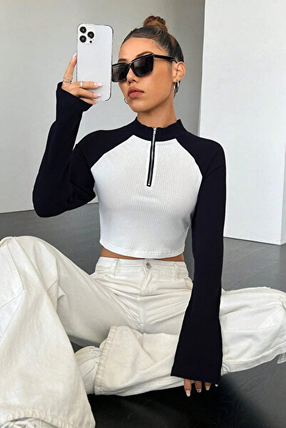 ROSAMİNA Women's Black and White Camisole Fabric Raglan Sleeve Zippered High ...