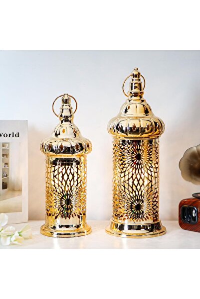 TRIROCKS مجموعة فوانيس رمضان، قطعتان، حاملات شموع كهربائية ذهبية اللون مع مؤق...