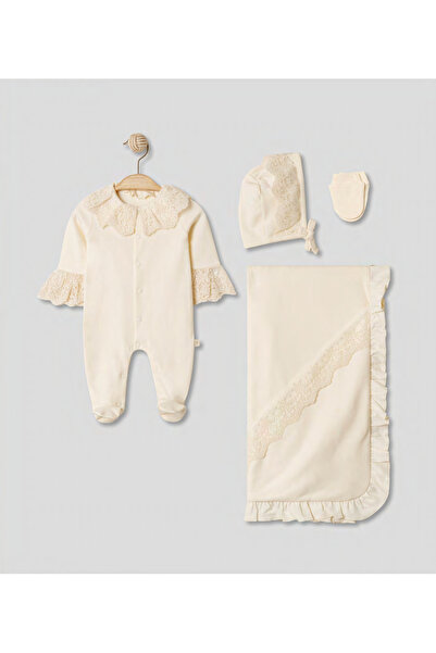 Pugi Baby Lace Detailed Newborn Hospital Release 4-Piece Baby Set (Overalls, ...