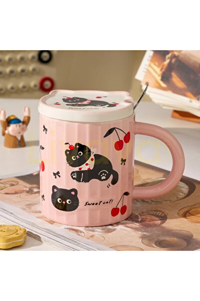 Livava Cat Patterned Pastel Colored Textured Ceramic Mug with Lid and Spoon -...