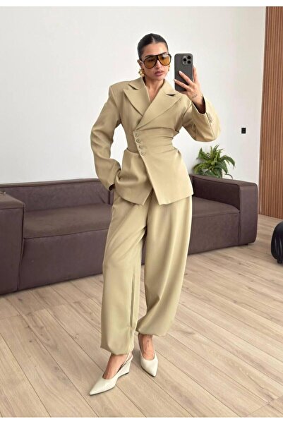 FMN Moda düğmeli belden bağlamalı ayarlanabilir muadil seri blazer ceket havu...