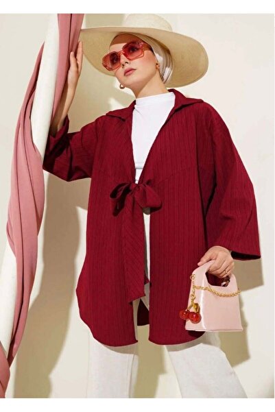 modasindoma Kimono de damă cu șireturi în față, roșu claret