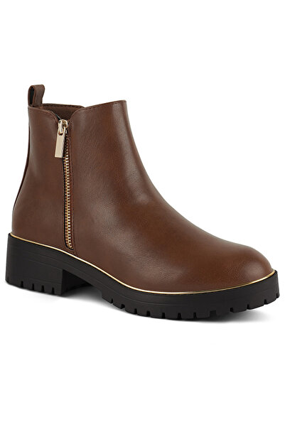 london Rag Women's Metallic Frame Block Heel Boots in Tan