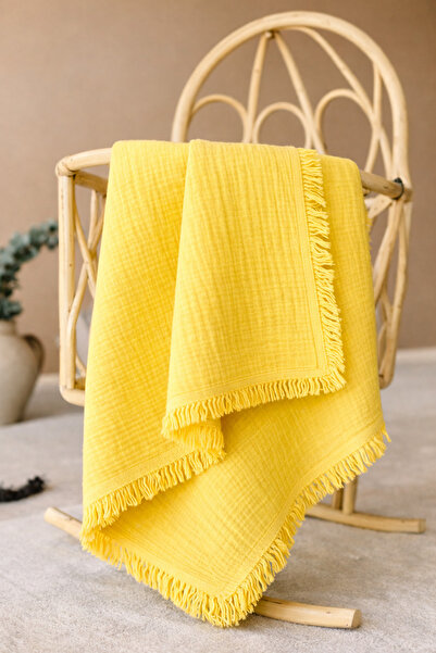 Bubito Four Layer Tasseled Organic Cotton Pieces Muslin Blanket 100X115 Cm-Ye...