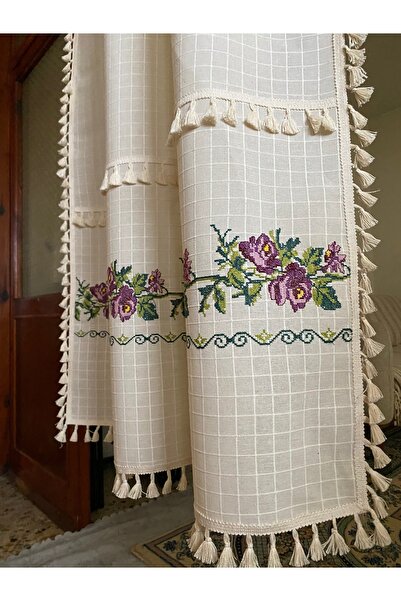 Cotopia buldan perde ponponlu perde kanaviçe işli fon perde