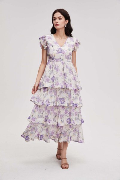 menta Short-sleeve tiered patterned maxi dress