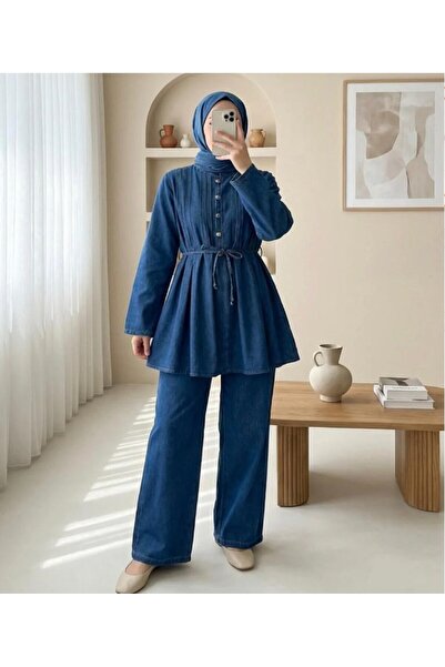 modasindoma Γυναικείο σετ τζιν Με κορδόνι στη μέση σε μπλε ναυτικό