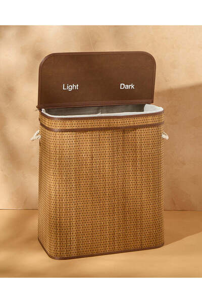 REDTAG سلة بامبو قابلة للطي بلون بيج طبيعي، مكونة من قسمين، مع بطانة داخلية