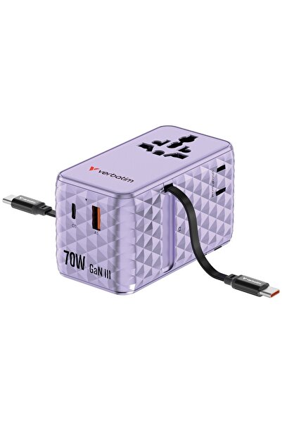 Verbatim Adaptor calatorie GaN 70W, 2 cabluri retractabile, USB-C/USB-A, Violet