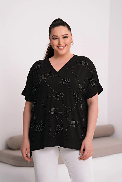 aytemas V-Neck Front Stone Printed Blouse