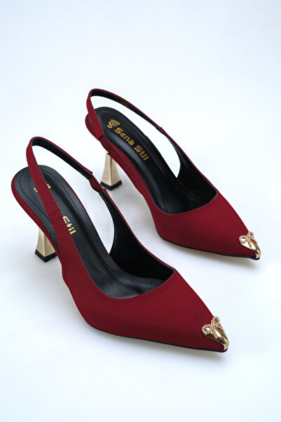 SENASTİL Burgundy Color Open Back Gold Heeled Side Elastic Stylish Women's St...