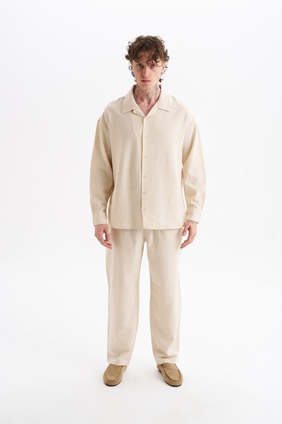 NOHOW Men's Koton Linen Blended Long Sleeve Apaj Collar Shirt, Elastic Waist ...