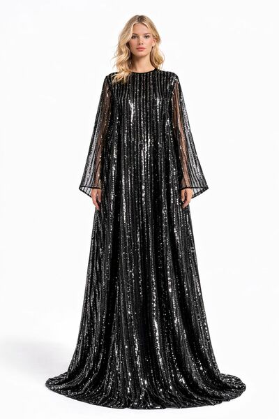 UNTIMELY A-Line Maxi Size Black Stylish Abaya Dress with Silver Sequins on th...